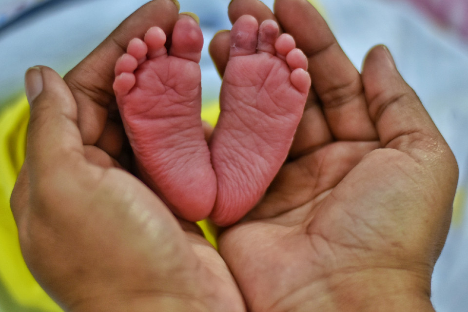 Woman's hands cradling baby's feet