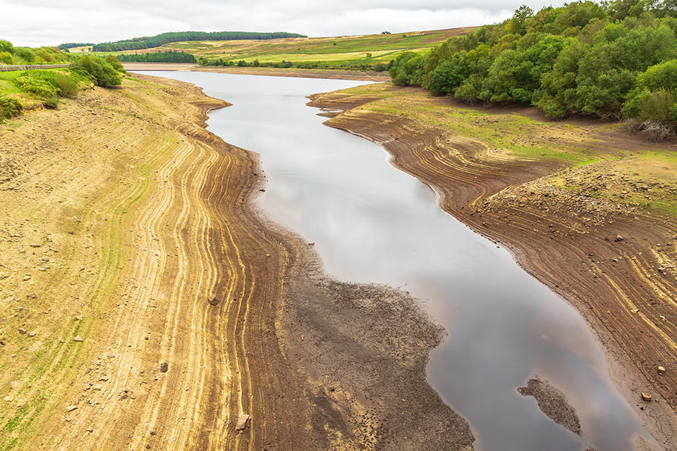 Leighton Reservoir in Nidderdale, North Yorkshire, UK, with very low water levels following a prolonged heatwave and no rainfall